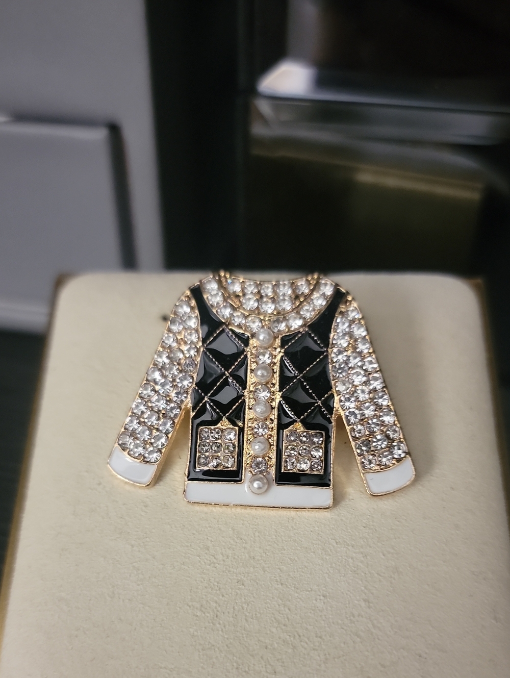 Crystal Embellished Black & White Jacket Brooch